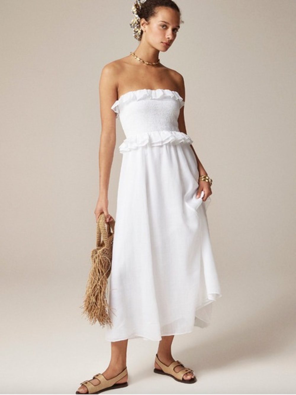 J. Crew White Strapless Smocked Ruffle Midi Dress